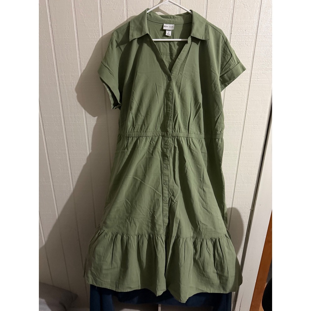 Ava & Viv Womens 1X Olive Green Short Sleeve Tiered Button Down Midi Shirtdress